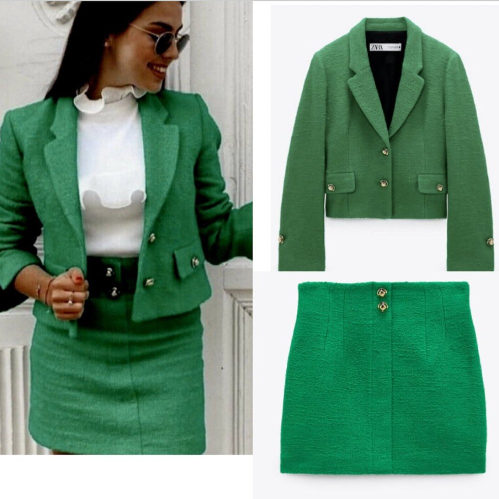 ZARA NEW WOMEN TEXTURED CROPPED BLAZER SKIRT CO-ORD SET GREEN 2723/795 XS M